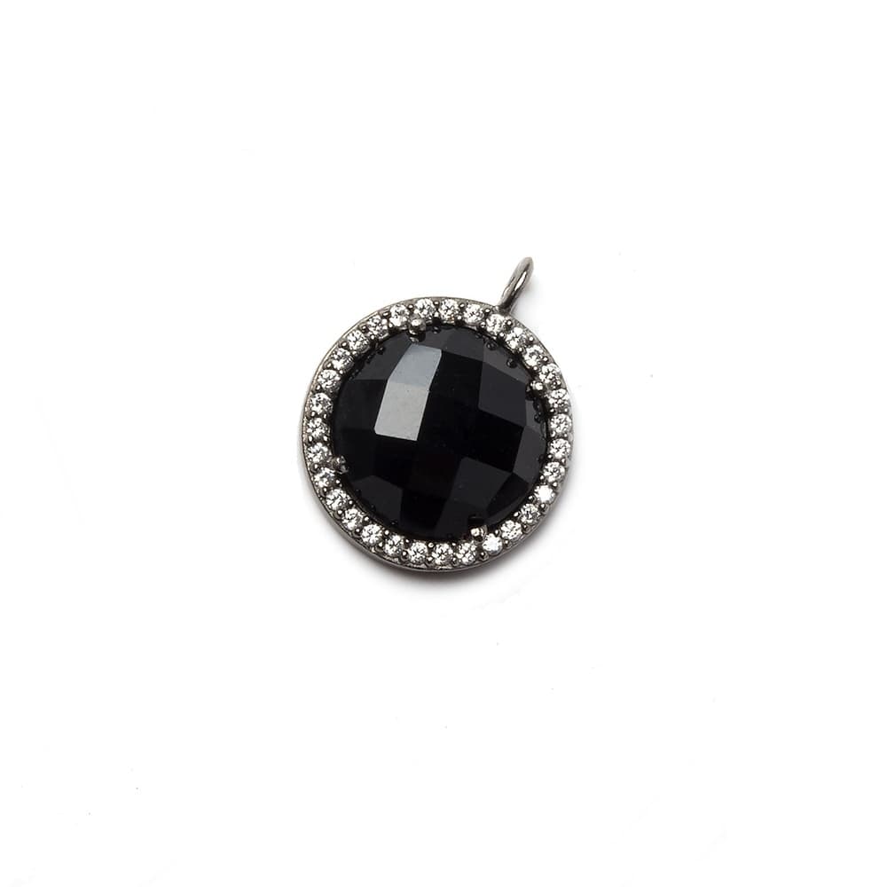13mm Black Gold Bezeled White CZ and Black Chalcedony Coin Pendant 1 piece - Beadsofcambay.com