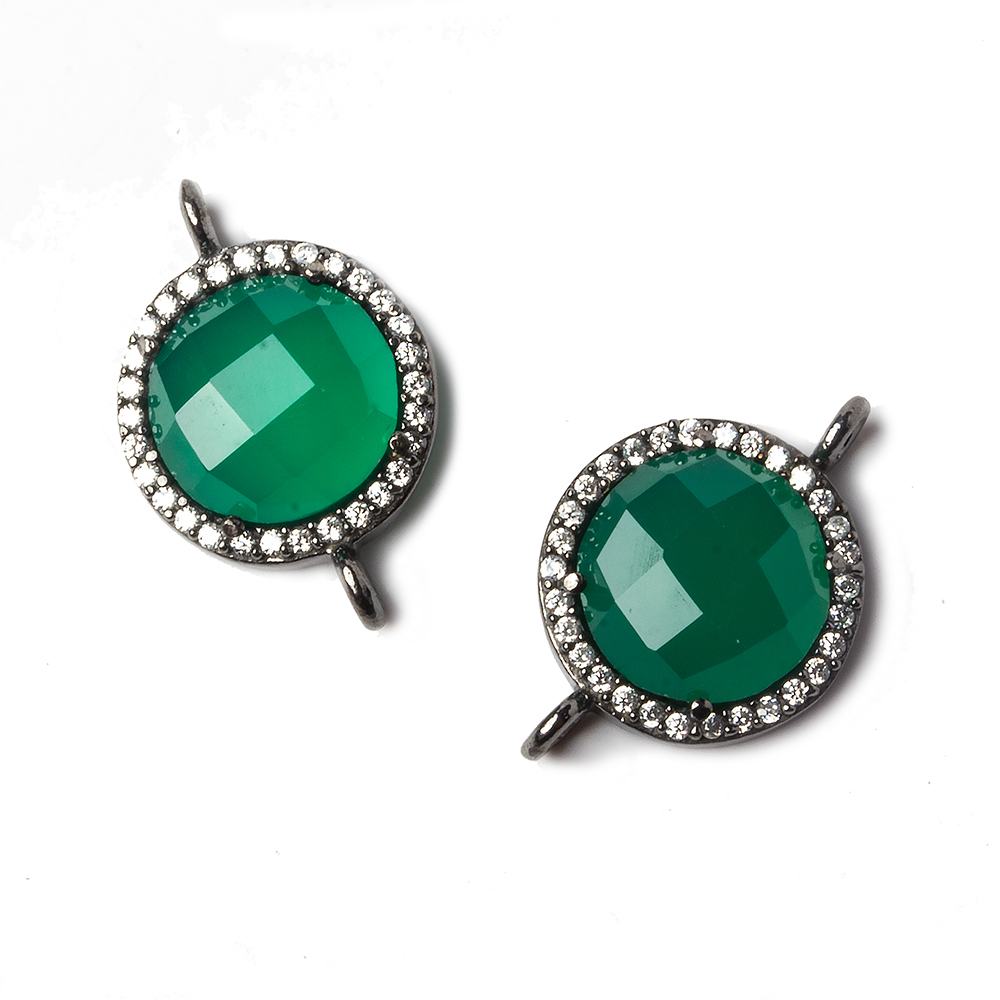 13mm Black Gold Bezeled White CZ and Green Onyx Coin Connector 1 piece - Beadsofcambay.com