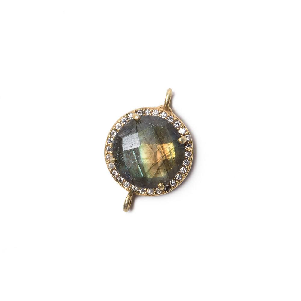 13mm Gold Bezel White CZ and Labradorite Coin Connector 1 focal bead, Multi Flash - Beadsofcambay.com