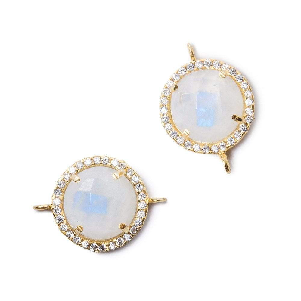 13mm Gold Bezel White CZ and Rainbow Moonstone Coin Connector 1 focal bead - Beadsofcambay.com