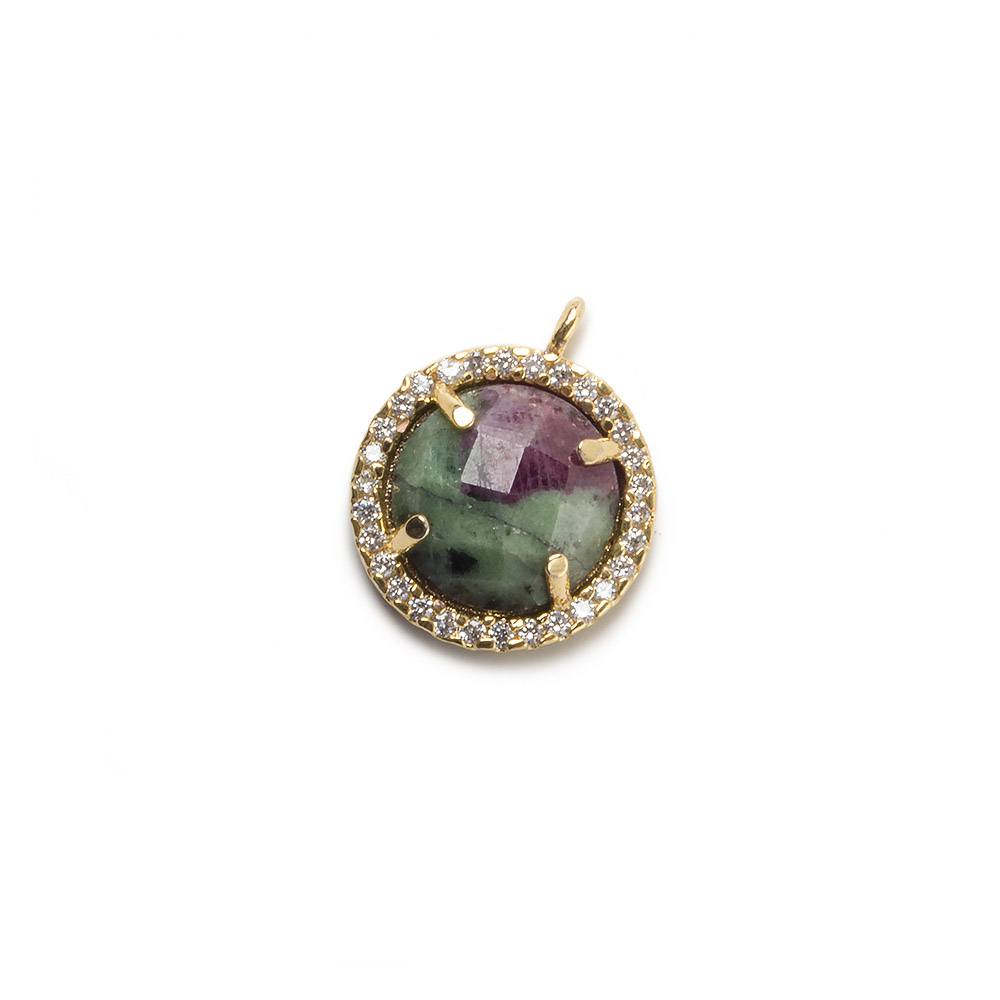 13mm Gold Bezel White CZ and Ruby in Zoisite Coin Pendant 1 focal bead - Beadsofcambay.com
