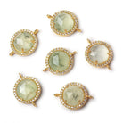 13mm Gold Bezeled White CZ and Prehnite Coin Connector 1 piece - Beadsofcambay.com