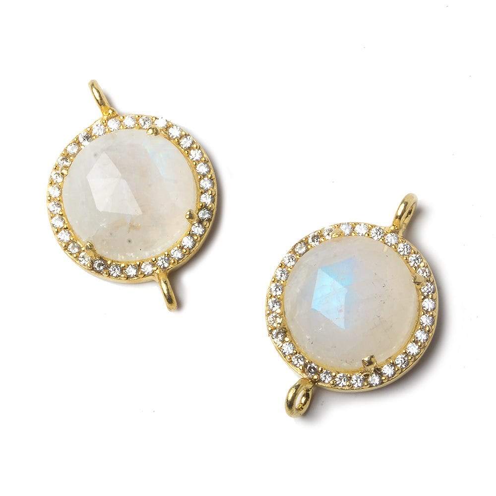 13mm Gold Bezeled White CZ and Rainbow Moonstone Coin Connector 1 piece - Beadsofcambay.com