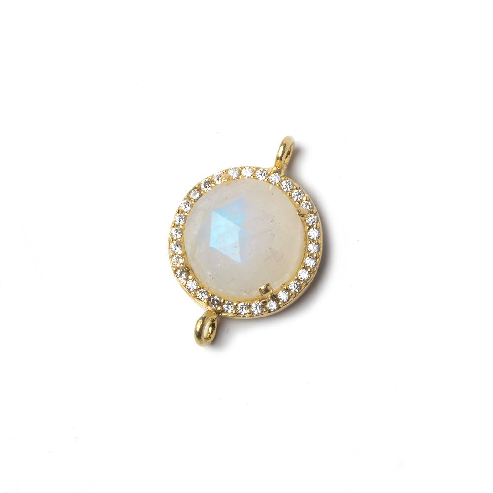 13mm Gold Bezeled White CZ and Rainbow Moonstone Coin Connector 1 piece - Beadsofcambay.com