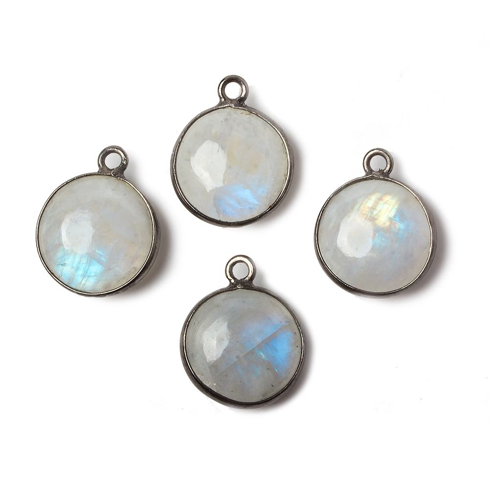13mm Oxidized Silver Bezel Rainbow Moonstone plain coin Pendant 1 focal bead - Beadsofcambay.com