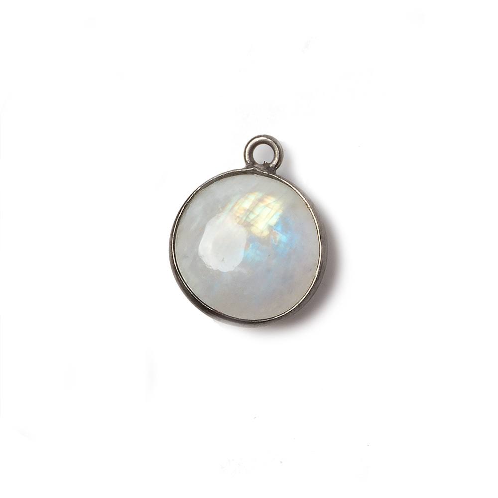 13mm Oxidized Silver Bezel Rainbow Moonstone plain coin Pendant 1 focal bead - Beadsofcambay.com