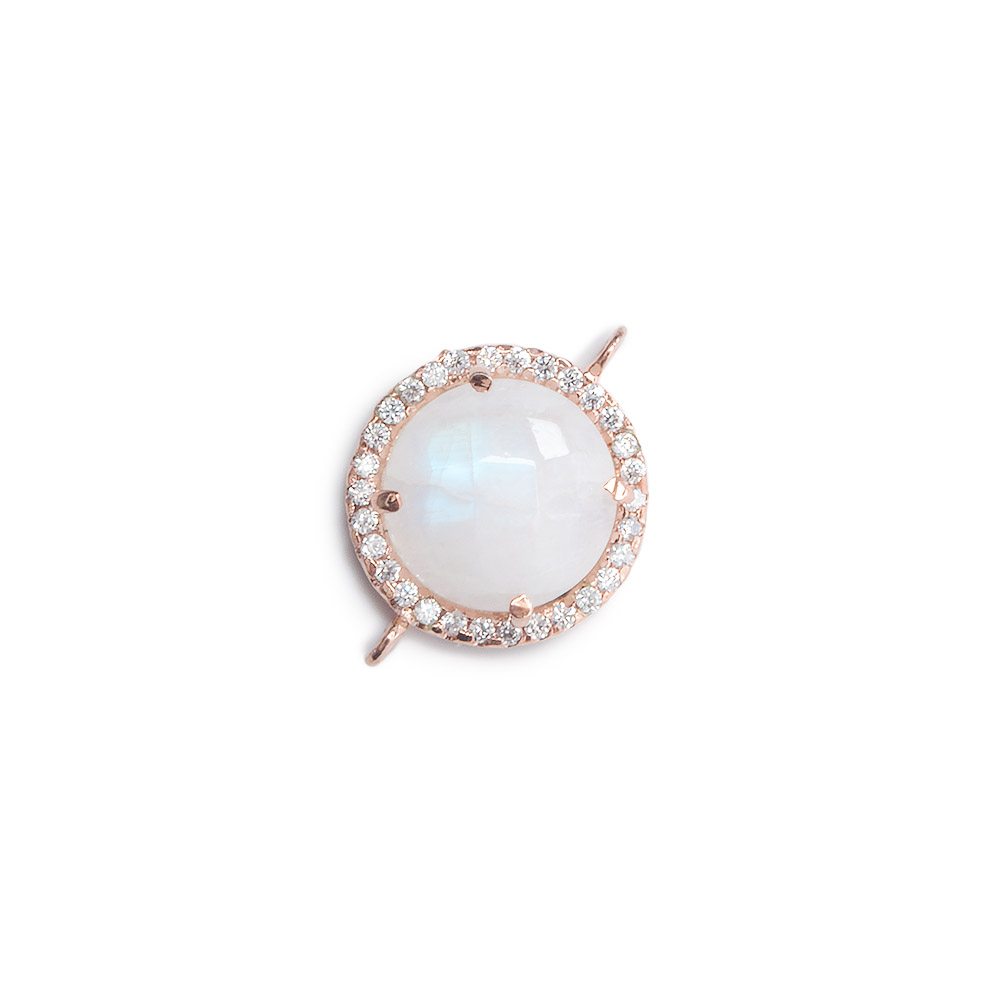 13mm Rose Gold Bezel White CZ and Rainbow Moonstone Coin Connector 1 focal bead - Beadsofcambay.com