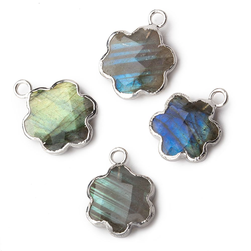 13mm Silver Leafed Labradorite Faceted Quatrafoil Focal Bead Pendant sold as 1 piece - Beadsofcambay.com