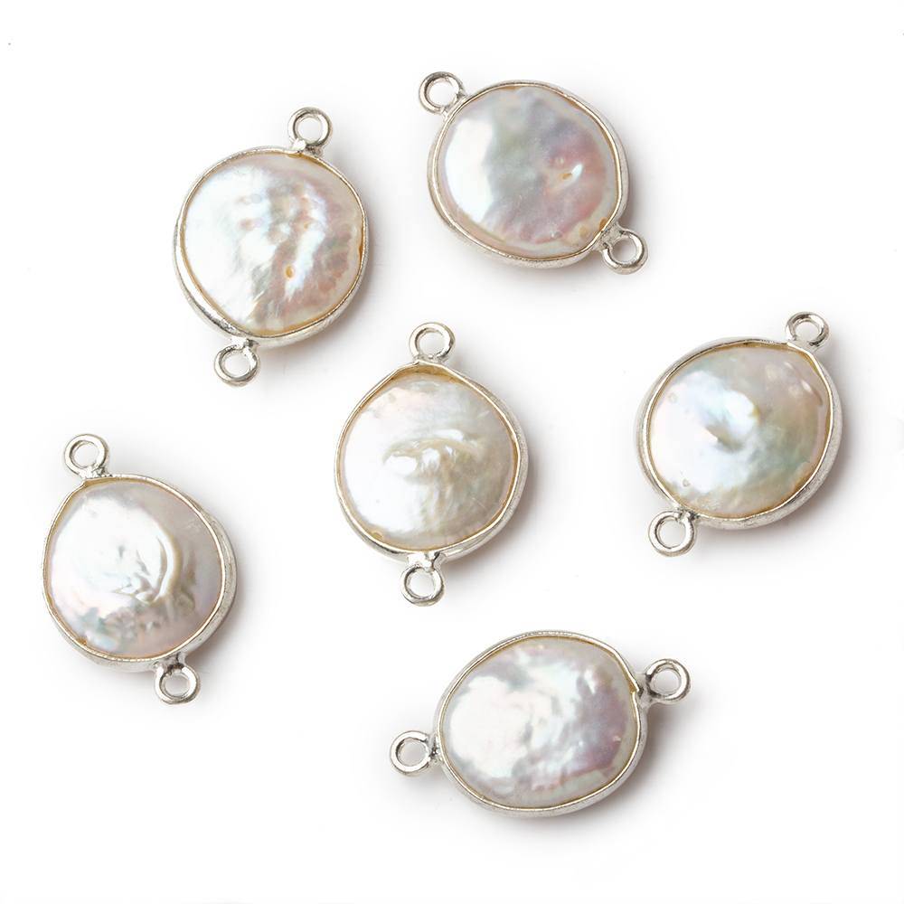 13mm Sterling Silver Bezel White Coin Pearl Connector 1 piece - Beadsofcambay.com