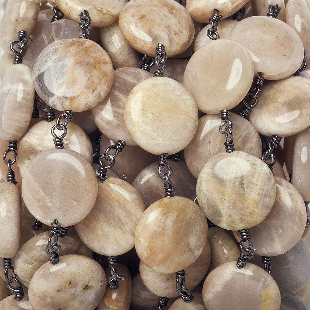 13mm Sunstone Feldspar plain coin Black Gold Chain by the foot 15 beads - Beadsofcambay.com