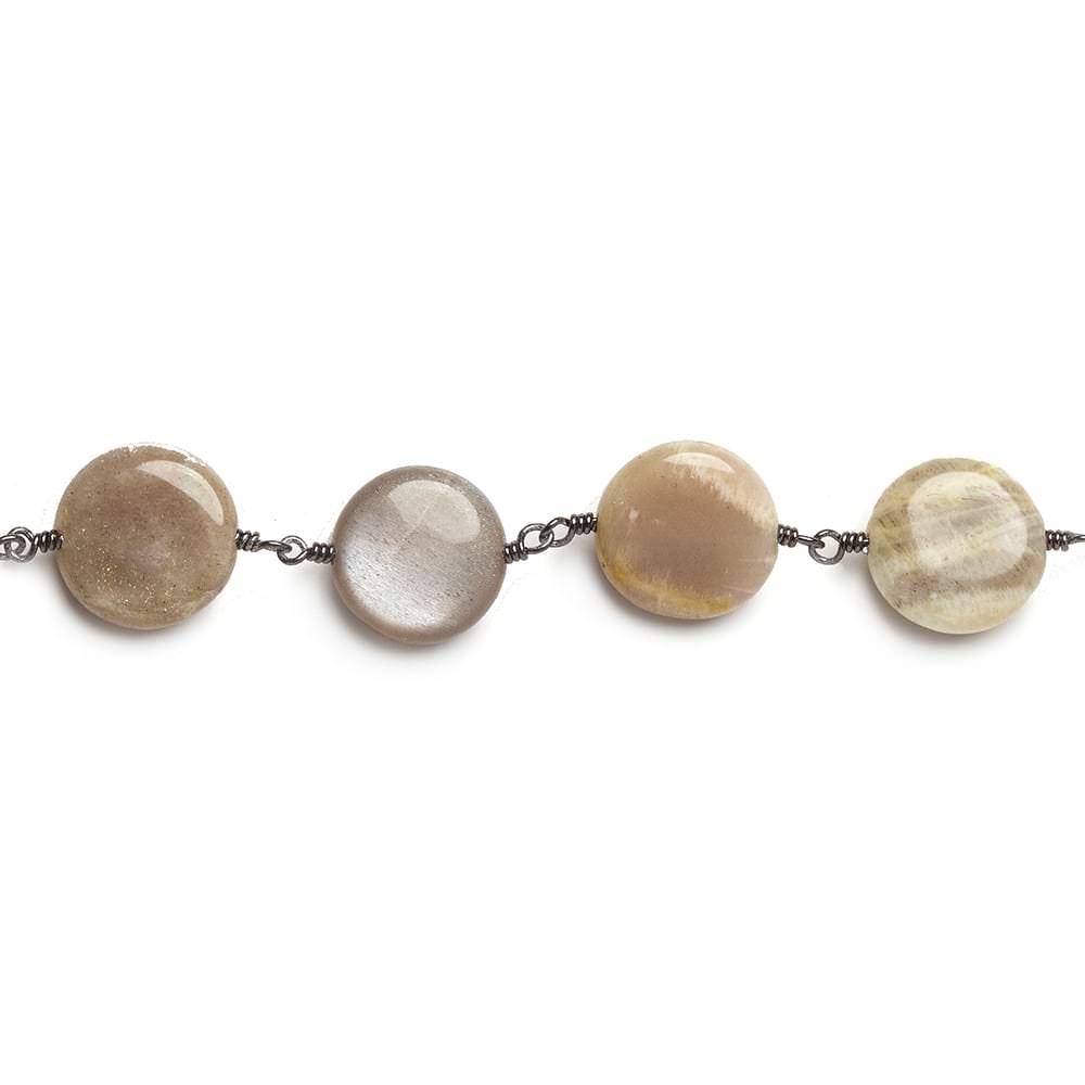 13mm Sunstone Feldspar plain coin Black Gold Chain by the foot 15 beads - Beadsofcambay.com