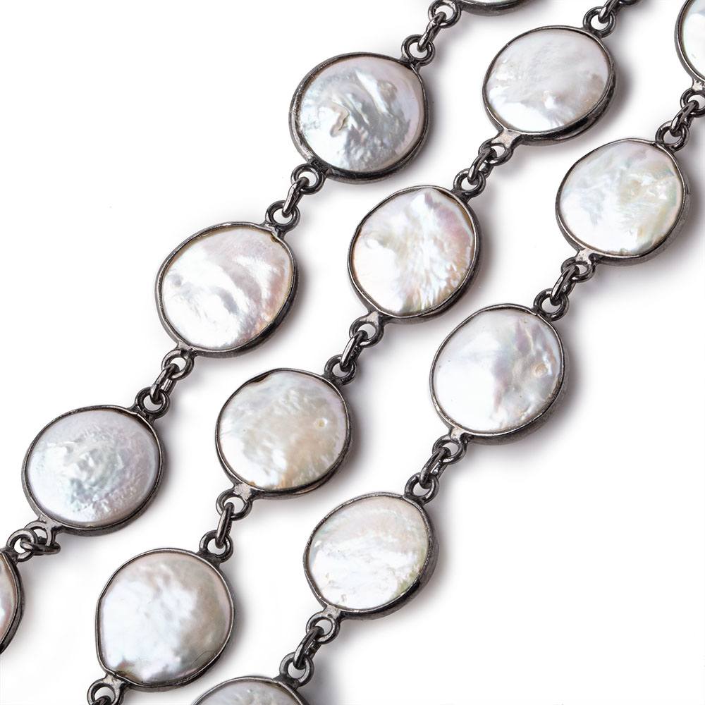 13mm White Coin Freshwater Pearls Black Gold .925 Bezeled Chain Lot of 3 Feet - Beadsofcambay.com