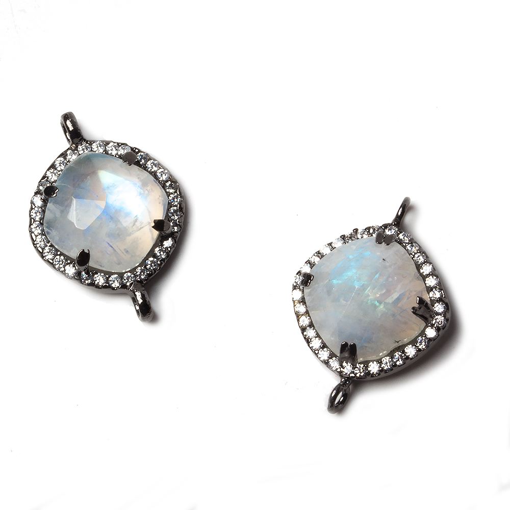 13x13mm Black Gold Bezeled White CZ and Rainbow Moonstone Pillow Connector 1 piece - Beadsofcambay.com