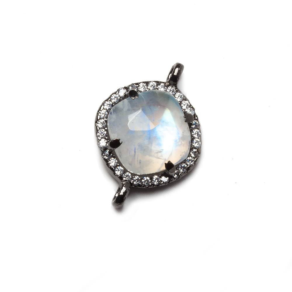 13x13mm Black Gold Bezeled White CZ and Rainbow Moonstone Pillow Connector 1 piece - Beadsofcambay.com