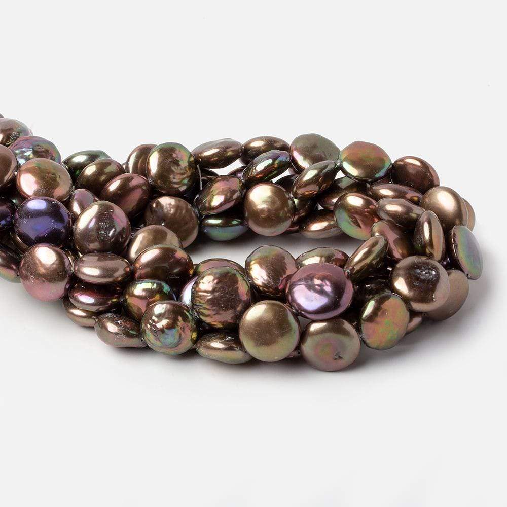 13x14mm Chocolate Brown Iridescent Coin Freshwater Pearls 16 inch 27 pieces A Quality - Beadsofcambay.com