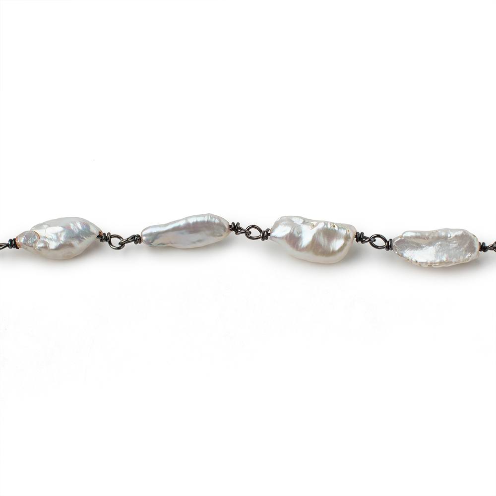 13x7mm Off White Biwa Pearls on Black Gold .925 Chain by the Foot 15 pieces - Beadsofcambay.com