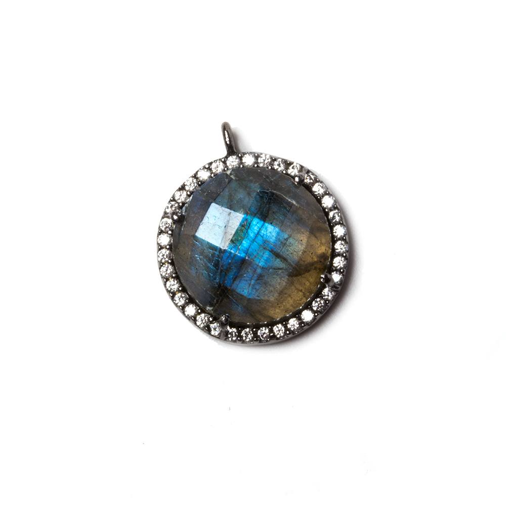 14.5mm Black Gold Bezeled White CZ & Labradorite Coin Pendant 1 pc - Beadsofcambay.com
