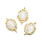 14.5x13mm Gold Bezel White CZ & Rainbow Moonstone Oval Connector 1 piece - Beadsofcambay.com