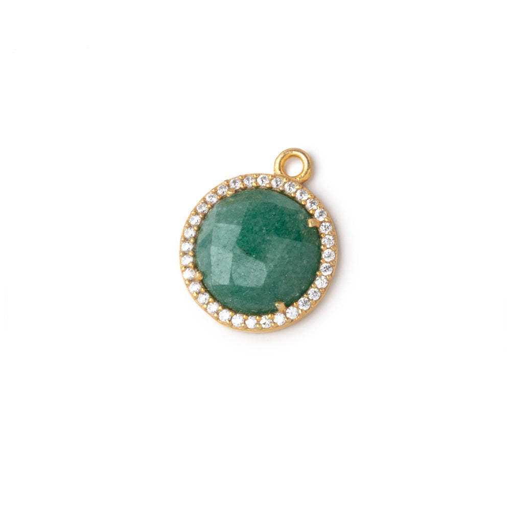 13mm Vermeil CZ Bezeled Green Aventurine Faceted Coin Pendant 1 piece - BeadsofCambay.com
