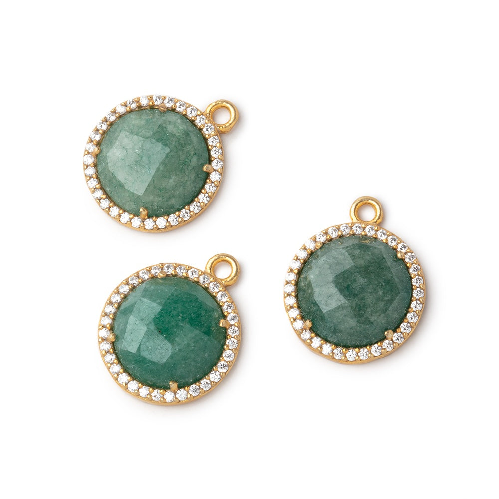 13mm Vermeil CZ Bezeled Green Aventurine Faceted Coin Pendant 1 piece - BeadsofCambay.com