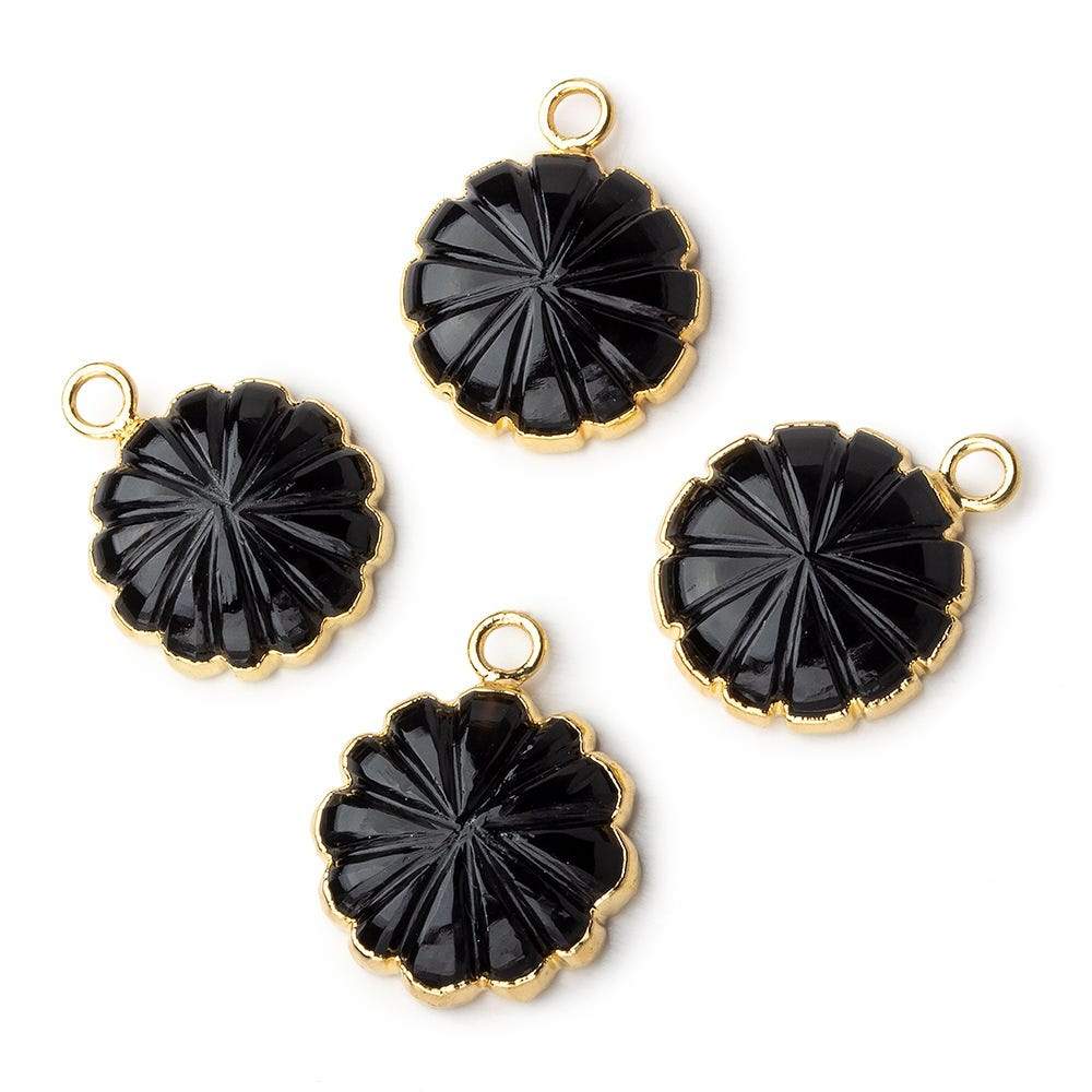 14mm 22kt Gold Leafed Black Chalcedony carved floral coin Pendant 1 focal bead - Beadsofcambay.com