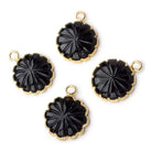 14mm 22kt Gold Leafed Black Chalcedony carved floral coin Pendant 1 focal bead - Beadsofcambay.com