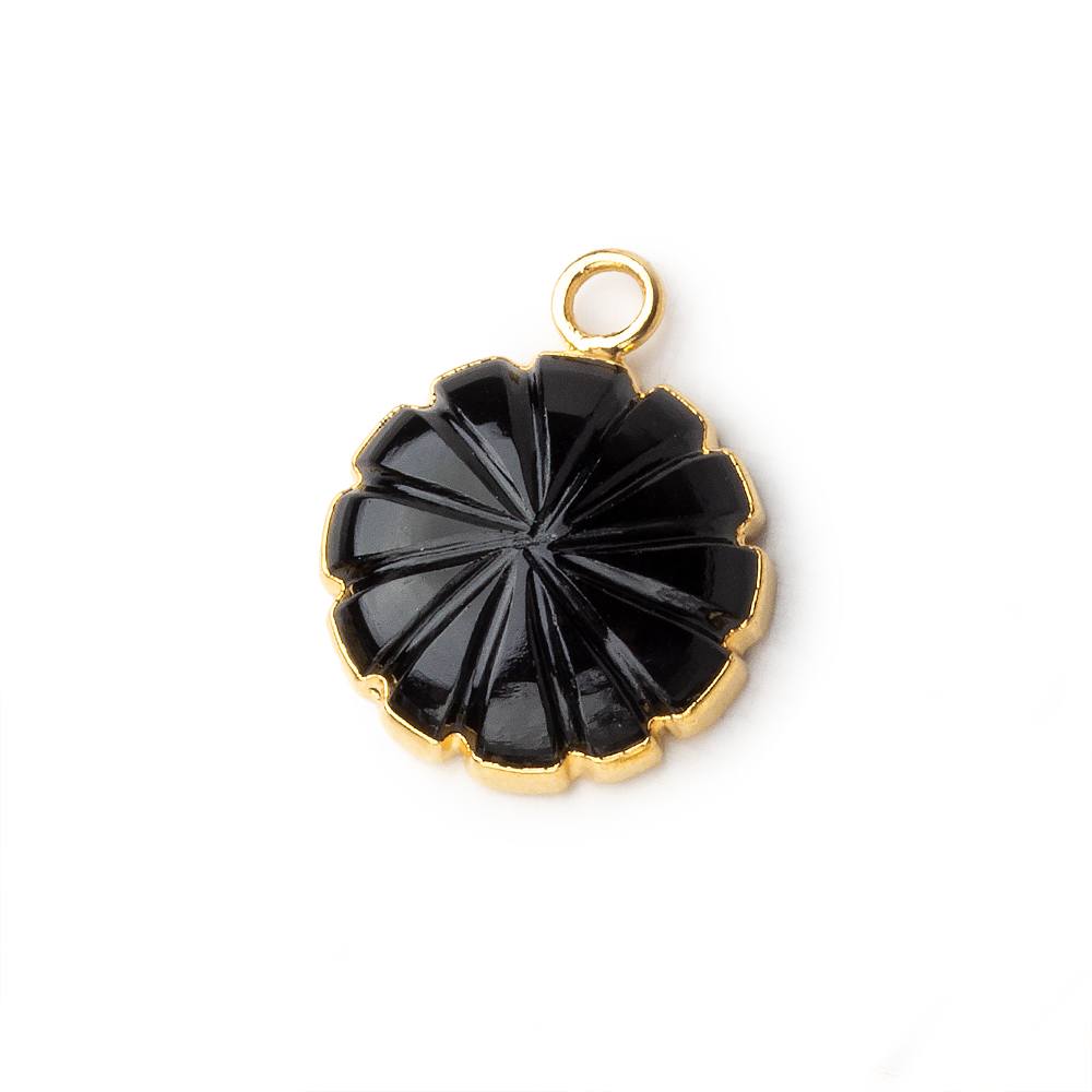 14mm 22kt Gold Leafed Black Chalcedony carved floral coin Pendant 1 focal bead - Beadsofcambay.com