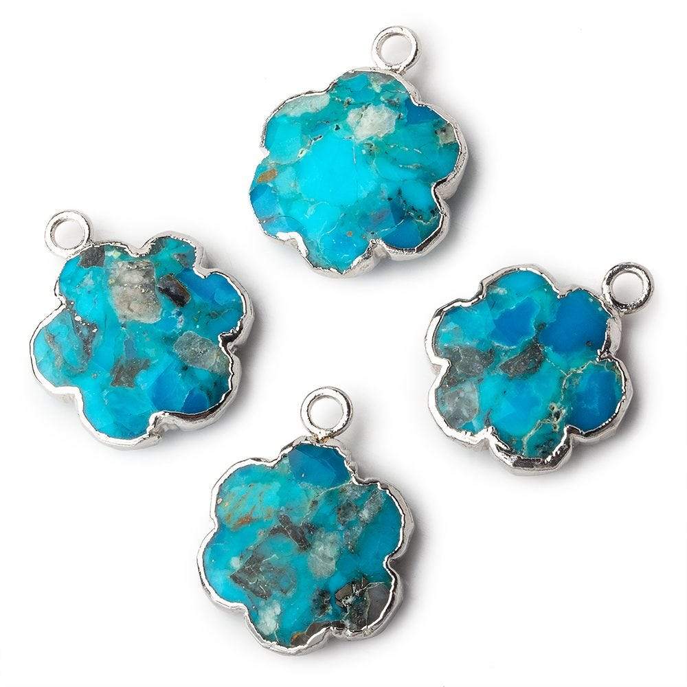 14mm Silver Leafed Enhanced Turquoise Faceted Quatrafoil Focal Bead Pendant sold as 1 piece - Beadsofcambay.com