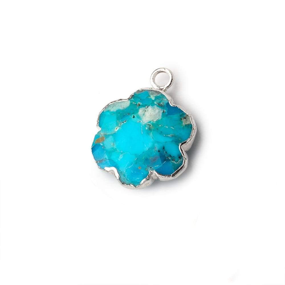 14mm Silver Leafed Enhanced Turquoise Faceted Quatrafoil Focal Bead Pendant sold as 1 piece - Beadsofcambay.com