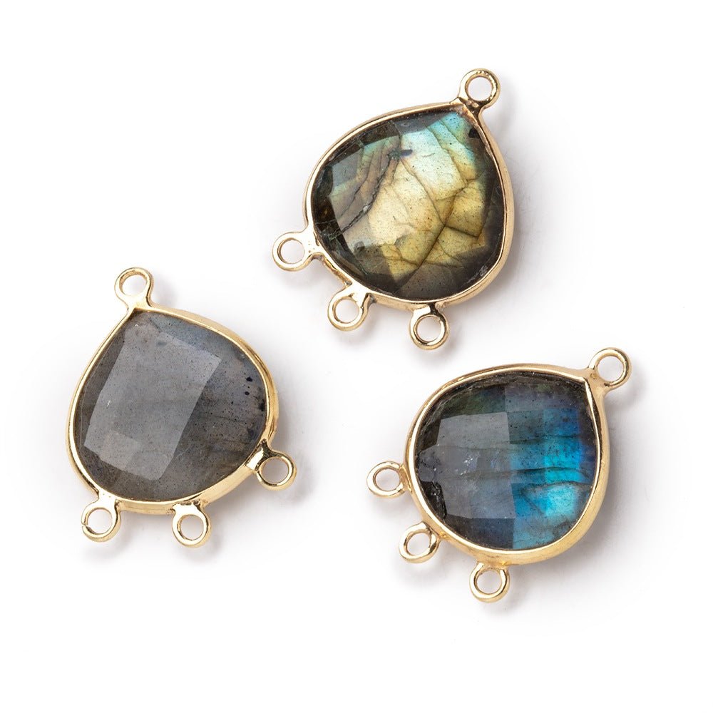 14mm Vermeil Bezel Labradorite faceted heart 3 ring Connector 1 focal bead - Beadsofcambay.com