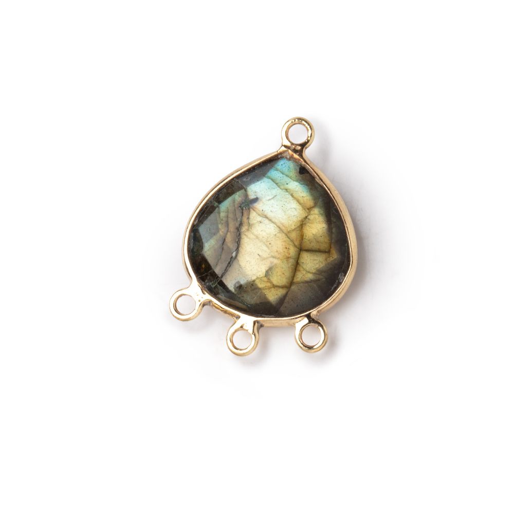 14mm Vermeil Bezel Labradorite faceted heart 3 ring Connector 1 focal bead - Beadsofcambay.com