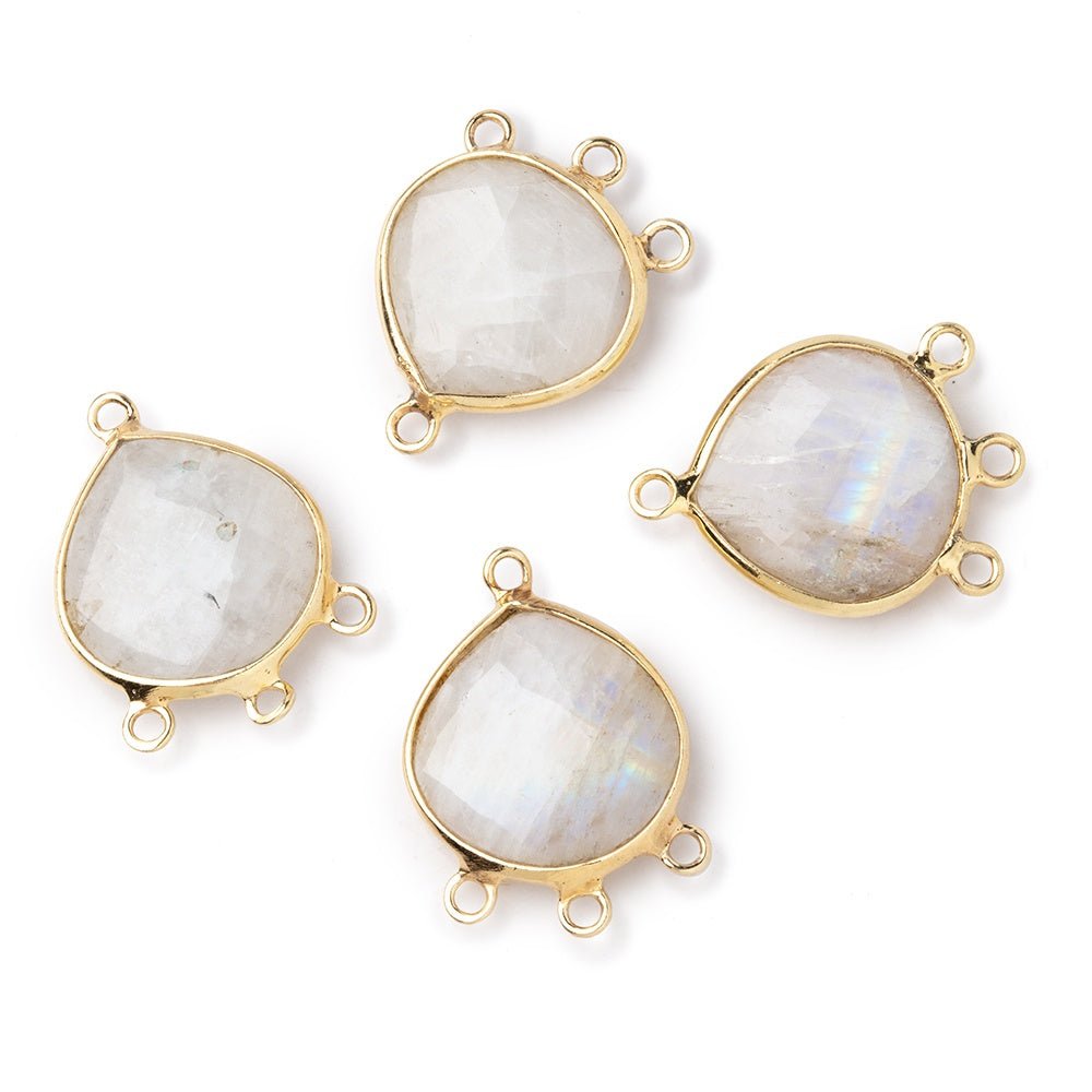 14mm Vermeil Bezel Rainbow Moonstone faceted heart 3 ring Connector 1 piece - Beadsofcambay.com