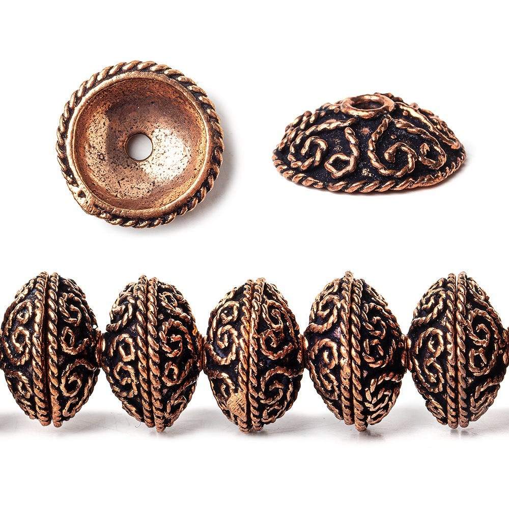 14x5mm Antiqued Copper Bead Cap with Heart Shape Miligrain Scroll 8 inch 40 pcs - Beadsofcambay.com