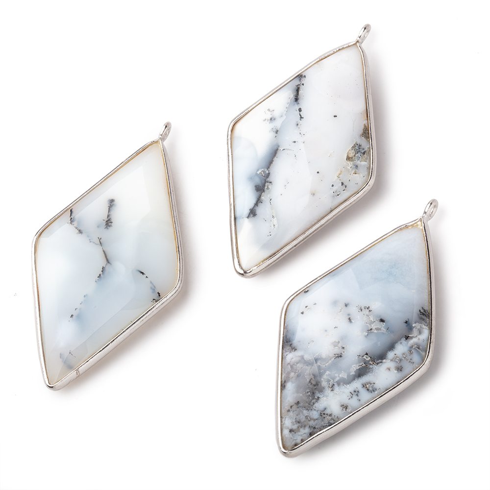 45x24mm Silver Bezel Dendritic Opal faceted Kite Pendant 1 piece - BeadsofCambay.com