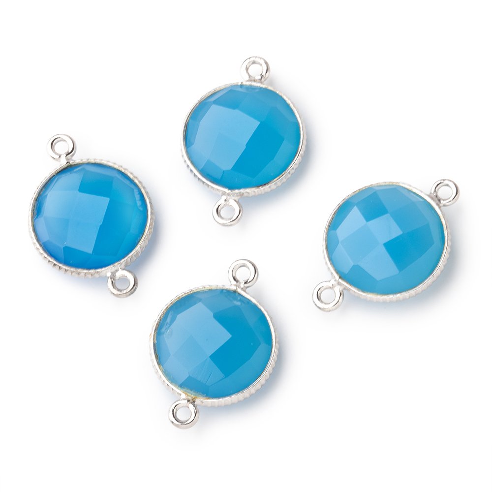 Beadsofcambay 15mm Silver Corrugated Bezel Santorini Blue Chalcedony coin 2 ring Connector 1 pc