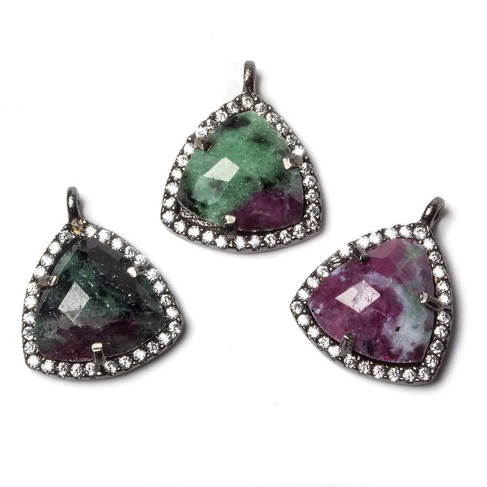 15.5mm Black Gold Bezel White CZ and Ruby Zoisite Triangle Pendant 1 piece - Beadsofcambay.com