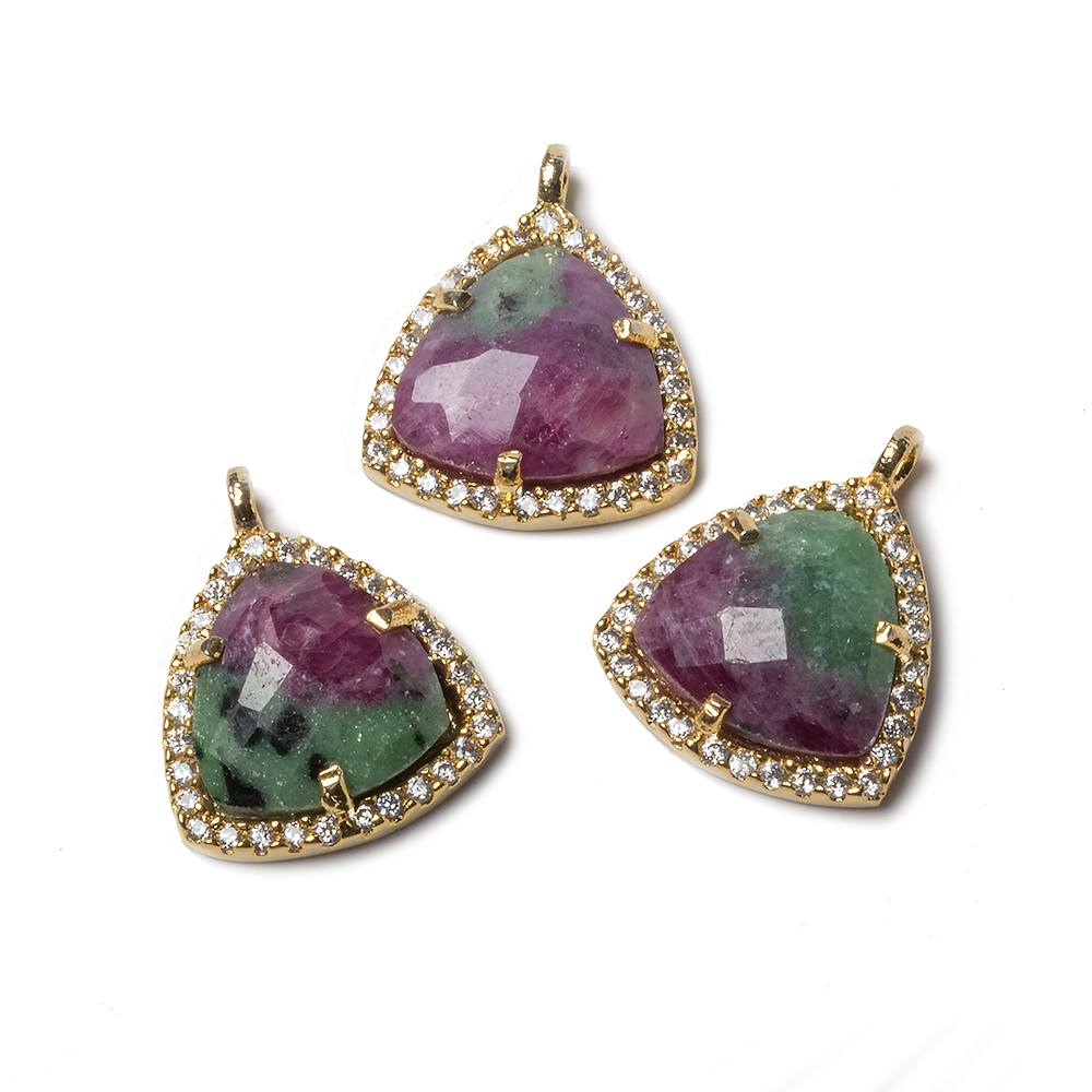 15.5mm Gold Bezel White CZ and Ruby Zoisite Triangle Pendant 1 piece - Beadsofcambay.com