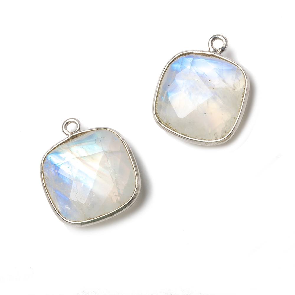 15.5mm Silver Bezel Rainbow Moonstone faceted cushion Pendant 1 piece - Beadsofcambay.com
