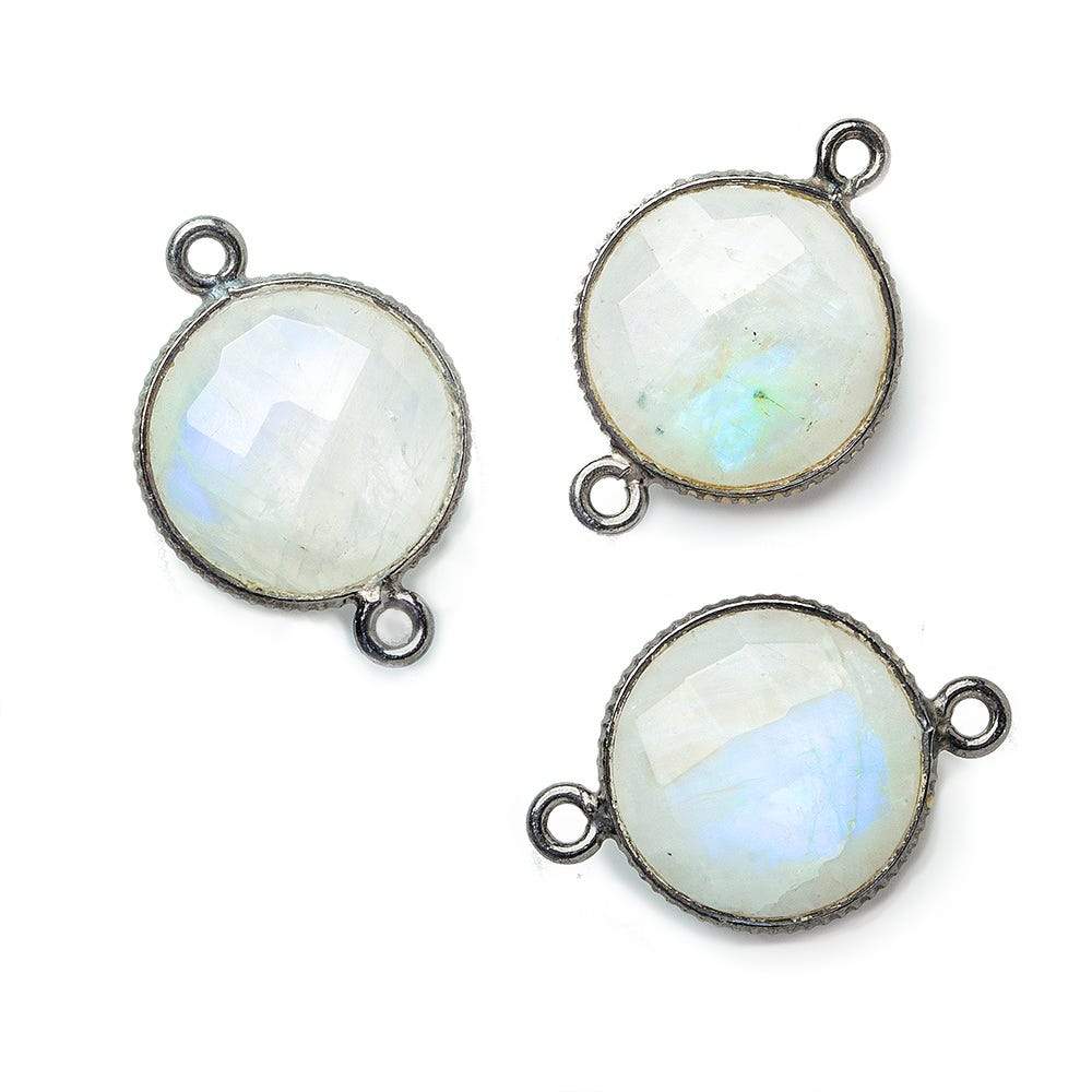 15mm Black Gold .925 Corrugated Bezel Rainbow Moonstone Coin 2 ring Connector 1 pc - Beadsofcambay.com