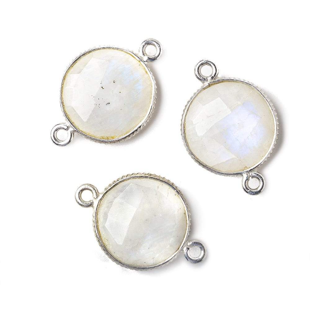 15mm Silver .925 Corrugated Bezel Rainbow Moonstone Coin 2 ring Connector 1 pc - Beadsofcambay.com