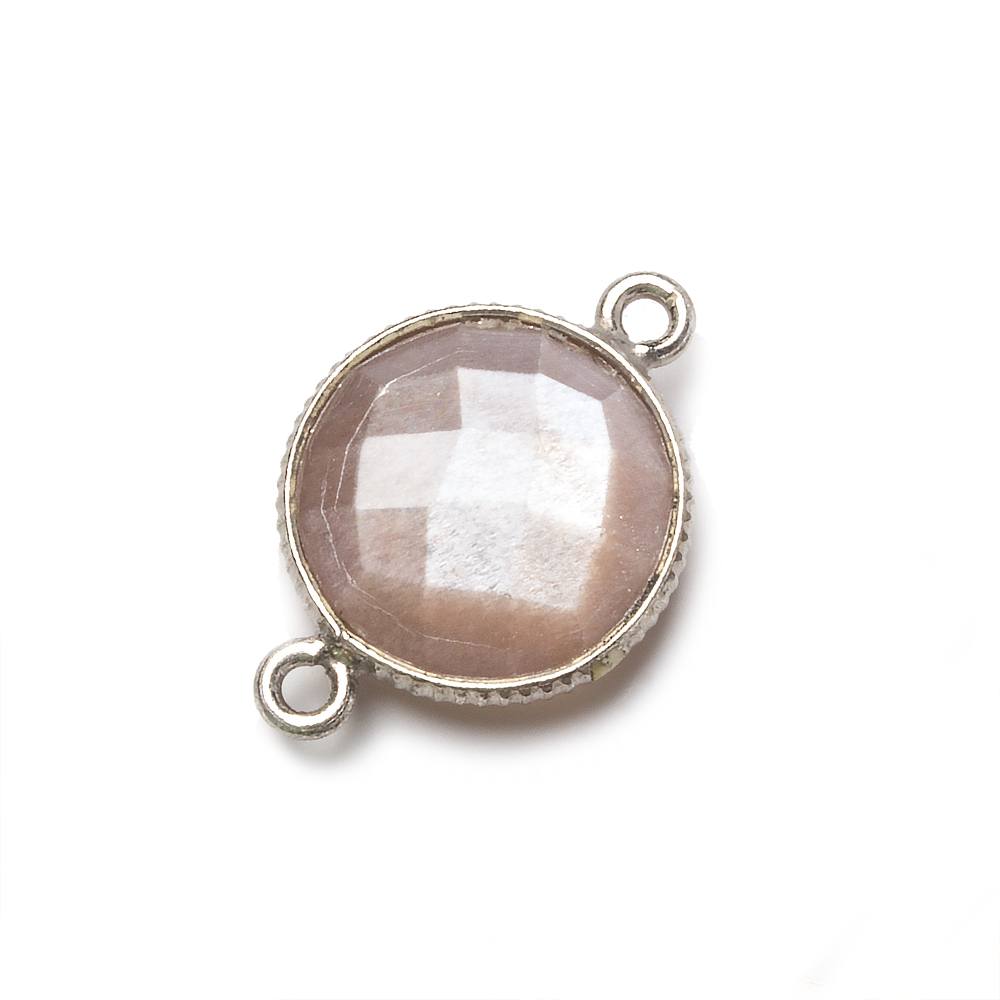 15mm Silver Corrugated Bezel Chocolate Moonstone coin 2 ring Connector 1 pc - Beadsofcambay.com