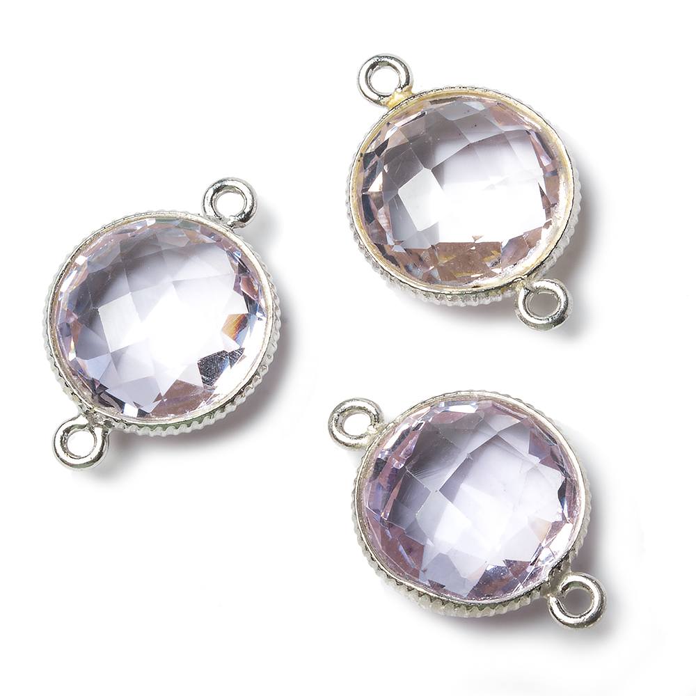 15mm Silver Corrugated Bezel Pink Amethyst coin 2 ring Connector 1 pc - Beadsofcambay.com