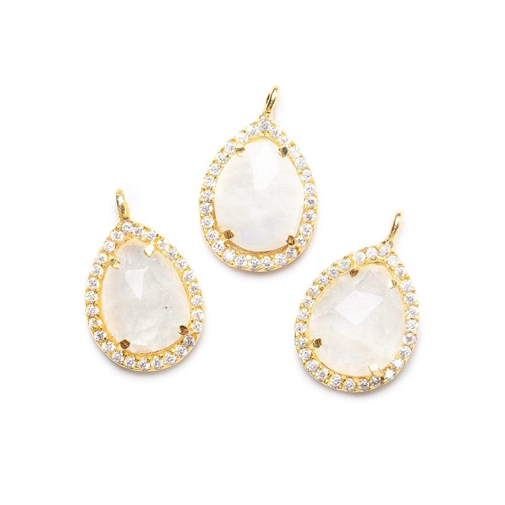 15x11mm Gold Bezeled White CZ and Rainbow Moonstone Pear Pendant 1 piece - Beadsofcambay.com