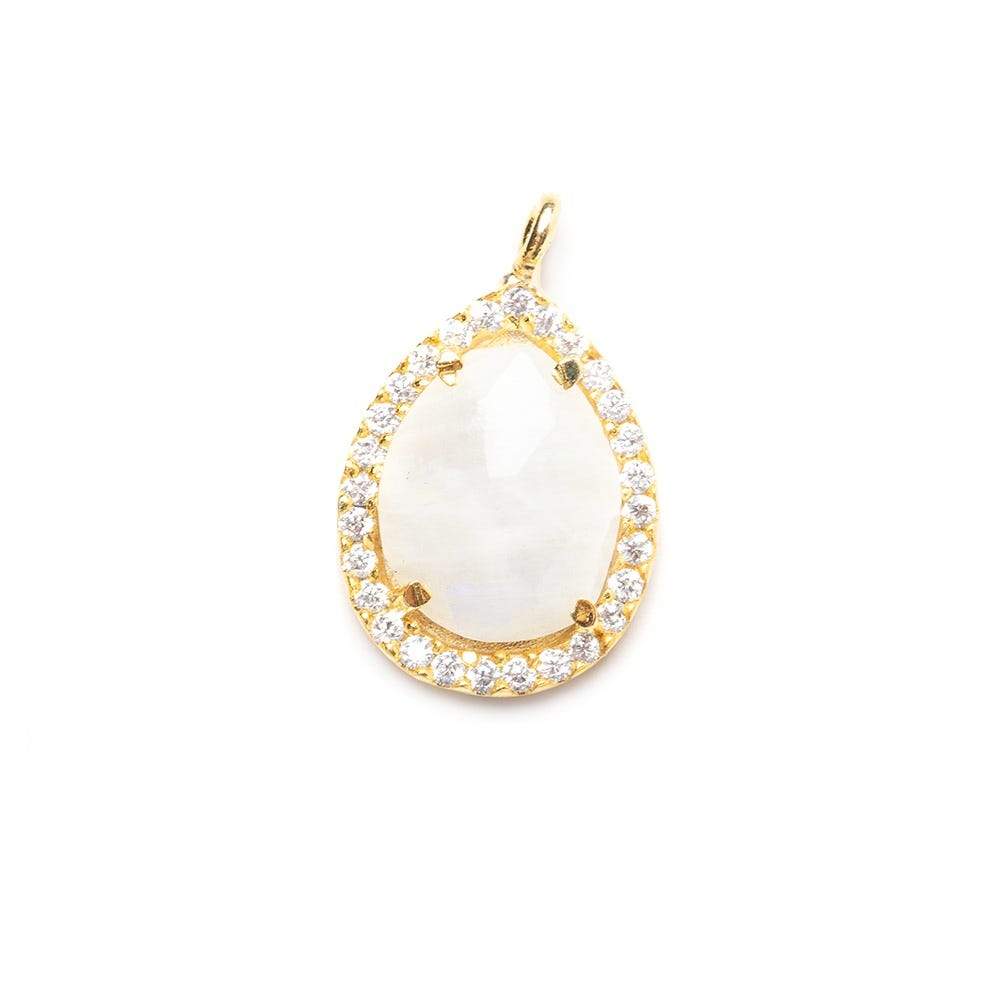 15x11mm Gold Bezeled White CZ and Rainbow Moonstone Pear Pendant 1 piece - Beadsofcambay.com