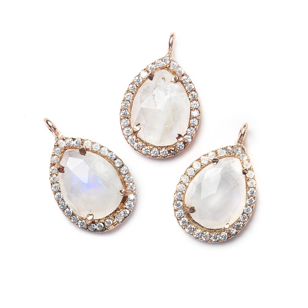 15x11mm Rose Gold Bezeled White CZ and Rainbow Moonstone Pear Pendant 1 piece - Beadsofcambay.com