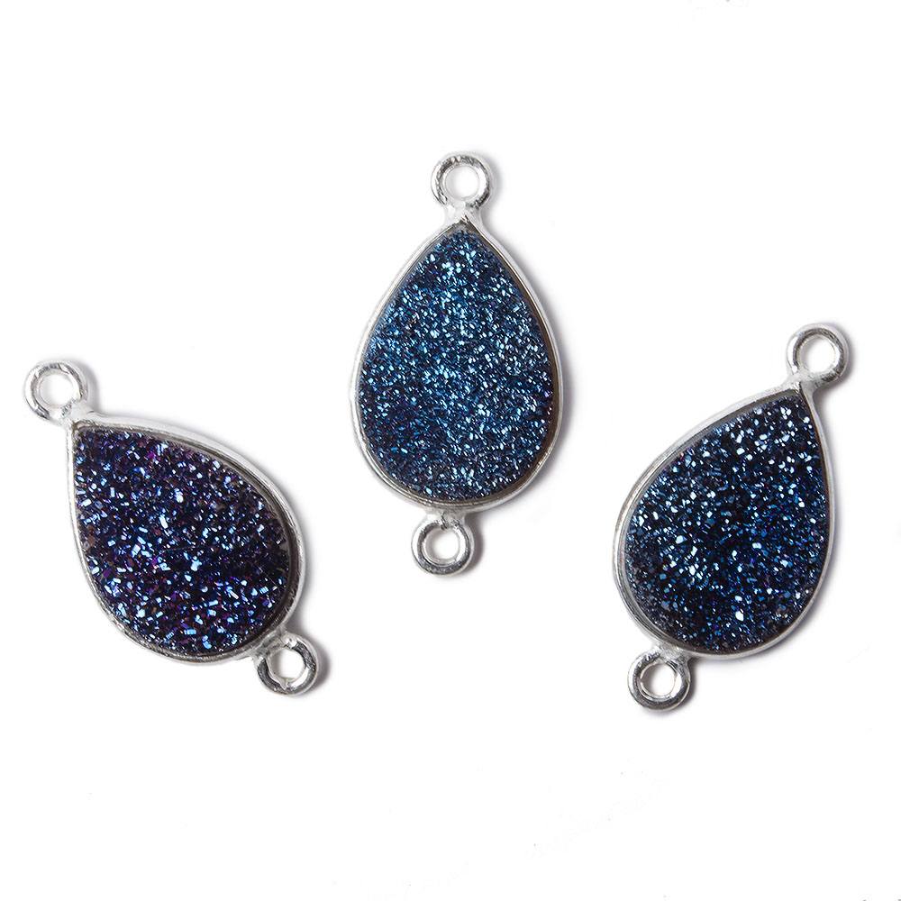 15x11mm Silver Bezel Mystic Aegean Blue Drusy Pear Connector 1 piece - Beadsofcambay.com