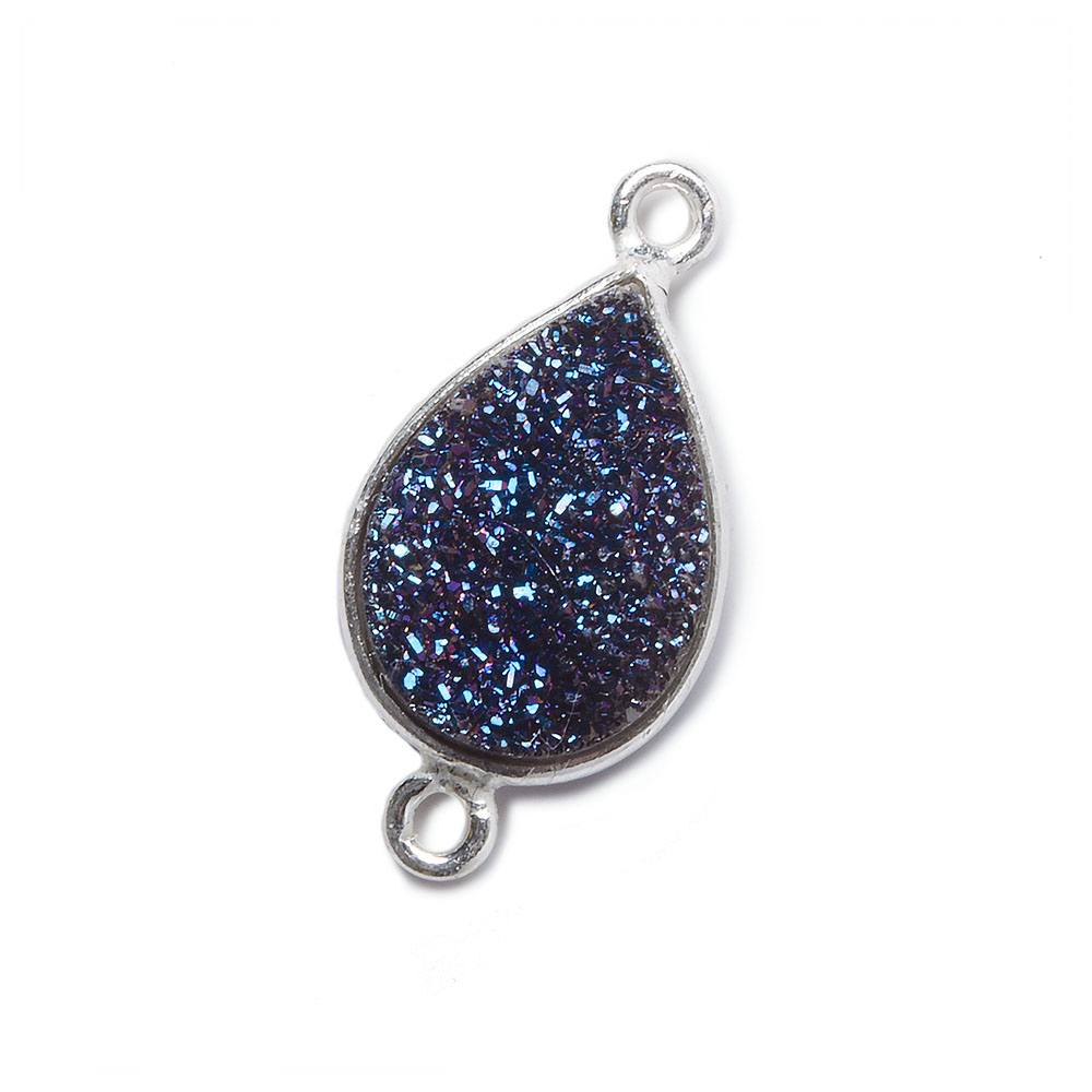 15x11mm Silver Bezel Mystic Aegean Blue Drusy Pear Connector 1 piece - Beadsofcambay.com