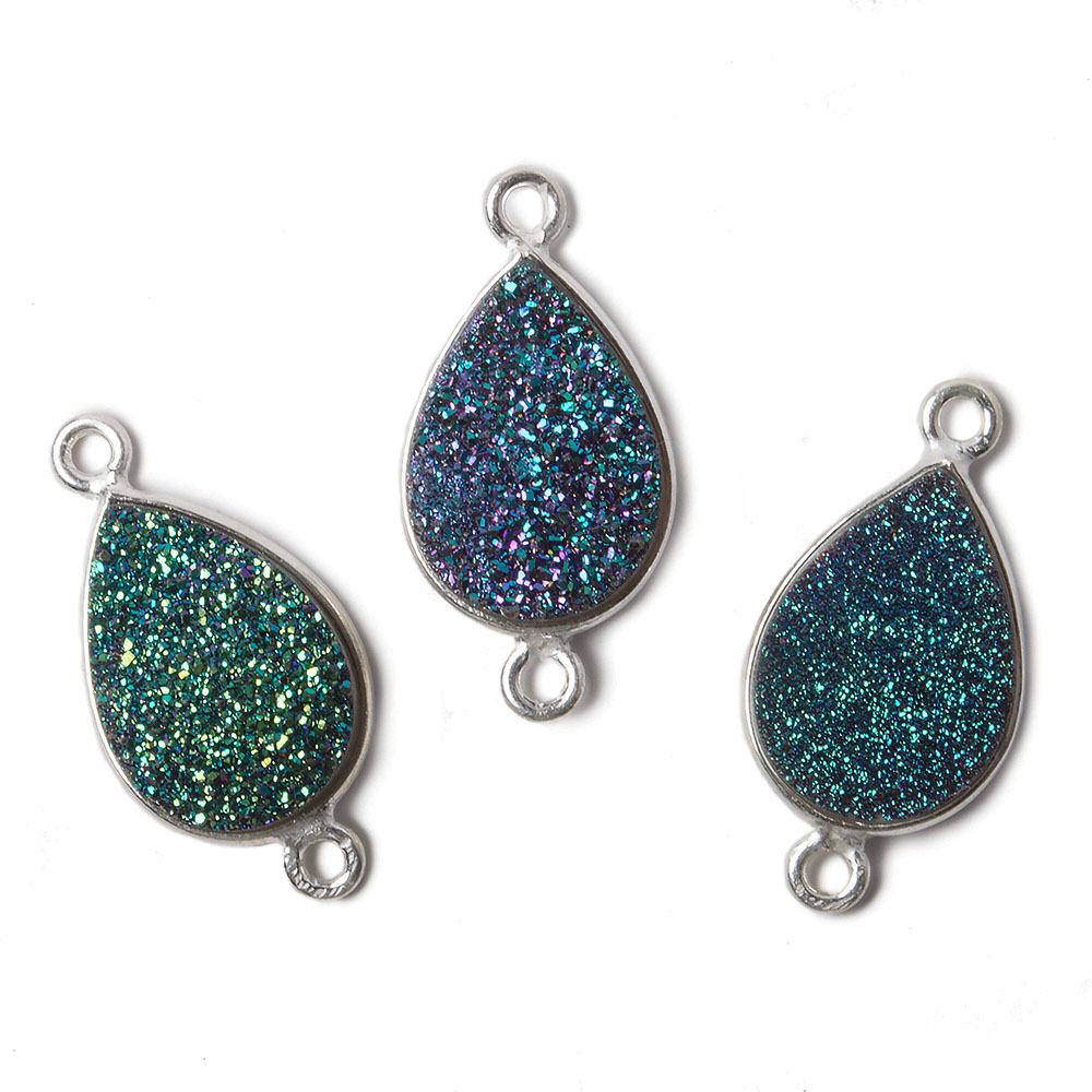 15x11mm Silver Bezel Mystic Mermaid Green Drusy Pear Connector 1 piece - Beadsofcambay.com