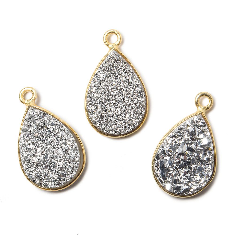 15x11mm Vermeil Bezel Metallic Silver Drusy Pear Pendant 1 piece - Beadsofcambay.com