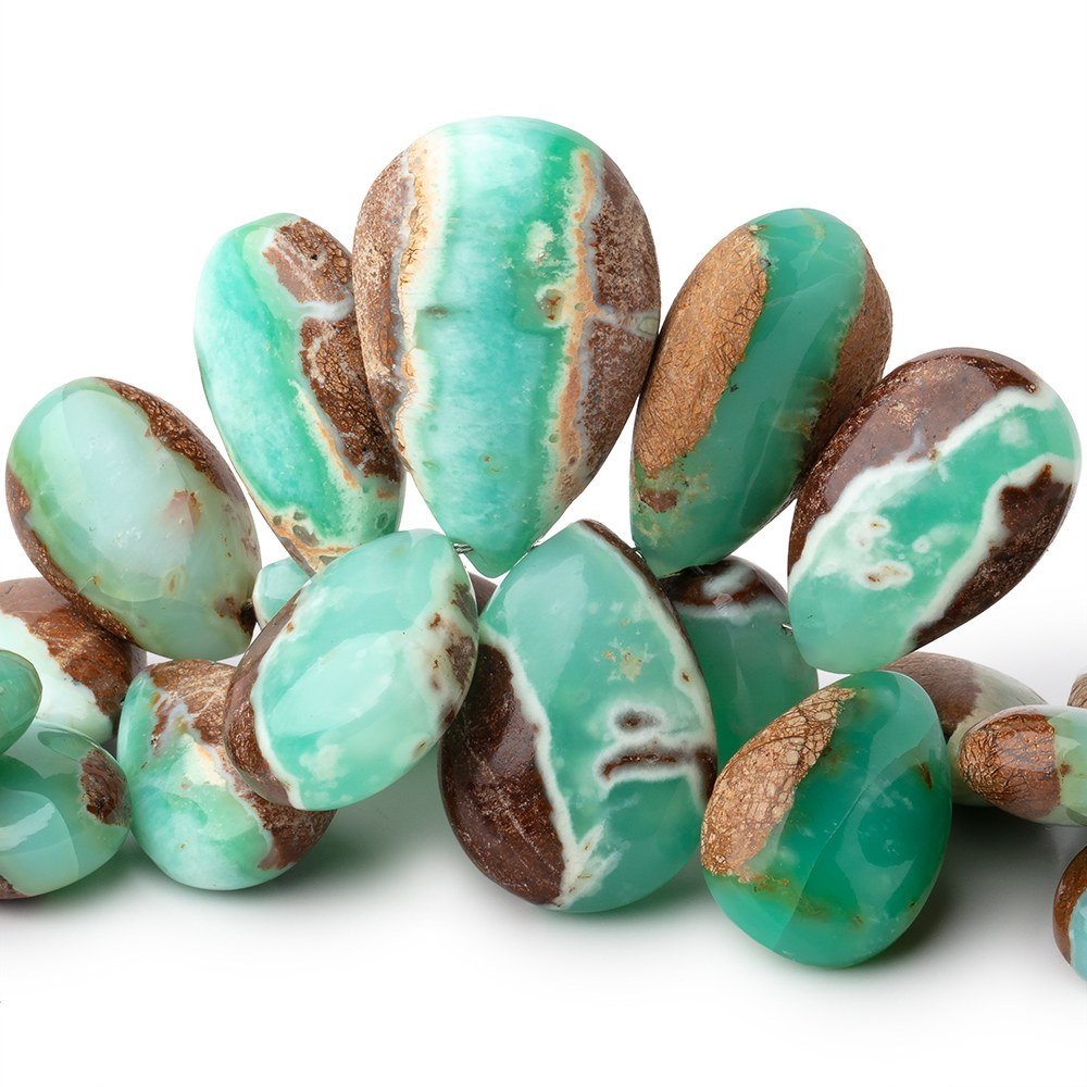 15x12-31x20mm Tanzanian Green Opal Plain Pears with Matrix 6.5 inch 30 Beads AAA - Beadsofcambay.com